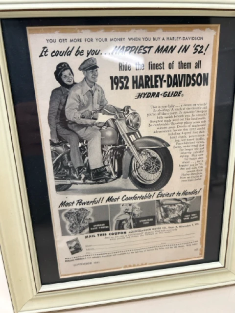 1952 HARLEY DAVIDSON NEWSPAPER AD IN FRAME - Image 2