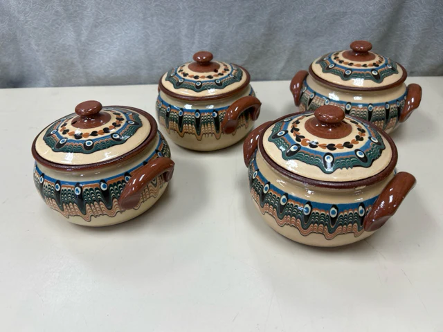 4 BROWN BLUE CERAMIC BOWLS