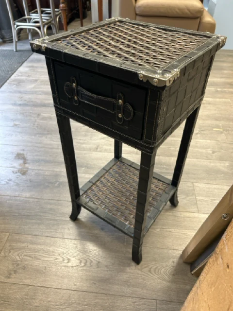 BROWN WEAVE LEATHER SIDE TABLE W/DRAWER