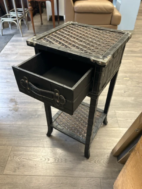 BROWN WEAVE LEATHER SIDE TABLE W/DRAWER - Image 2