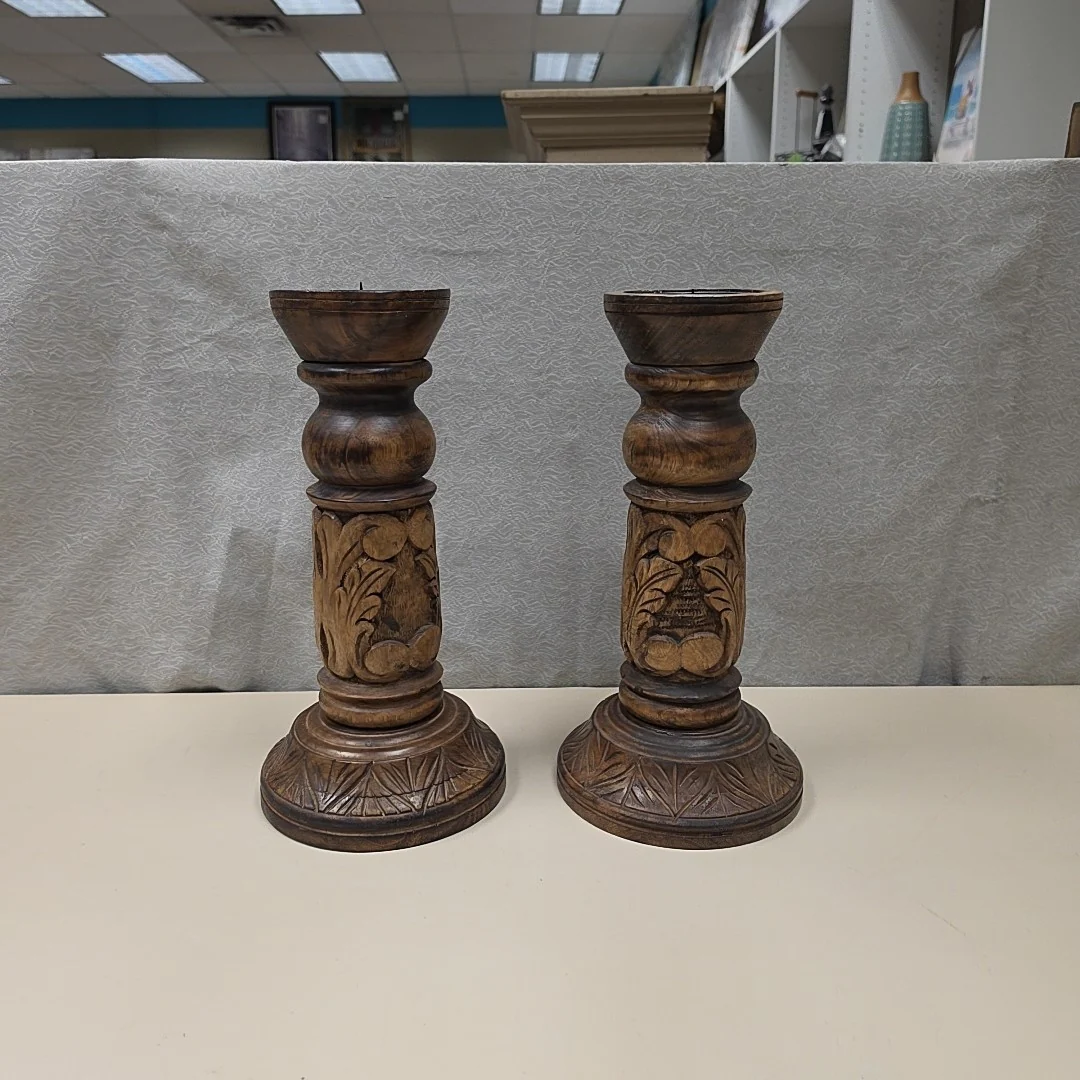 CARVED WOODEN CANDLE HOLDERS