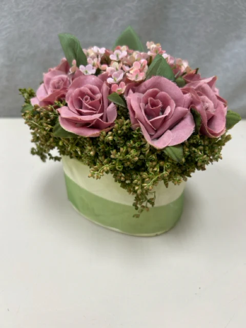 FAUX PINK FLOWERS TIN BUCKET