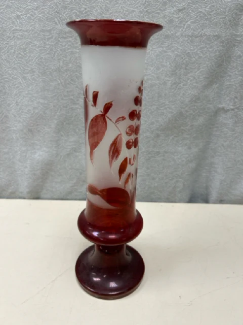 RED FROSTED GLASS PAINTED VASE