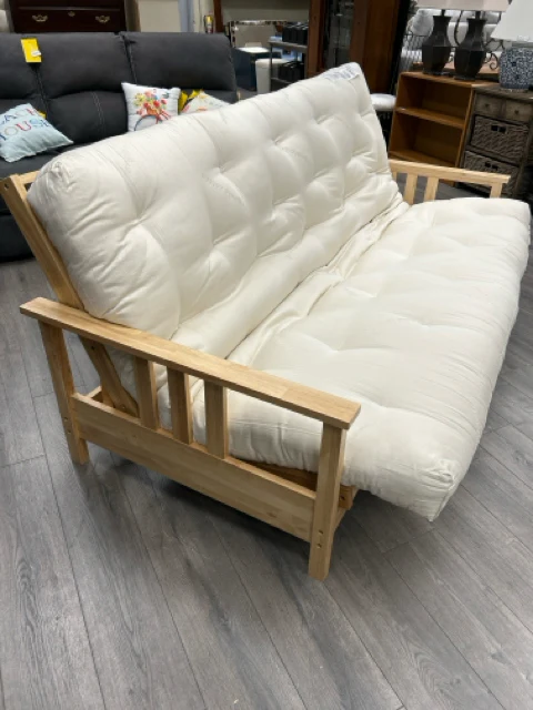 TAN CUSHION FUTON ON BLONDE WOOD FRAME - Image 2