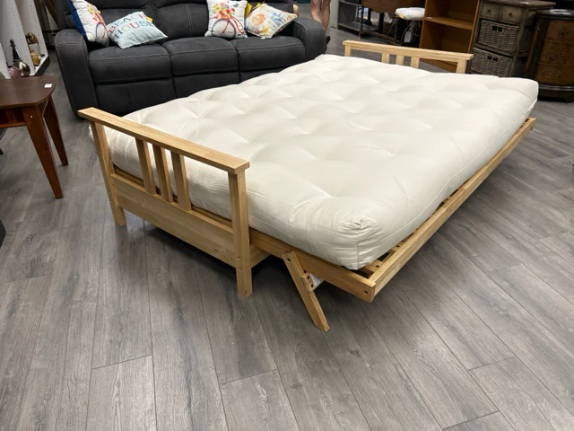TAN CUSHION FUTON ON BLONDE WOOD FRAME - Image 3