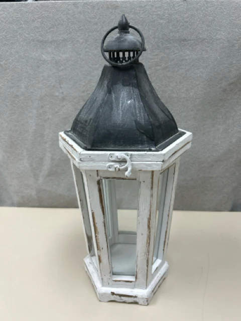 WHITE GREY WOOD GLASS LANTERN