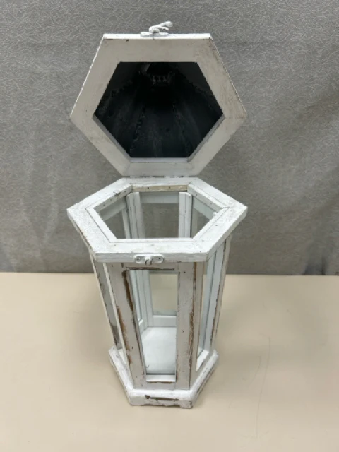 WHITE GREY WOOD GLASS LANTERN - Image 2