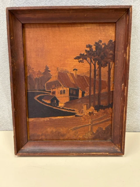 WOOD CARVED HOUSE ON FARM ART