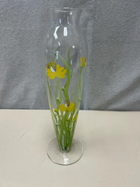 YELLOW FLORAL PAINTED GLASS VASE